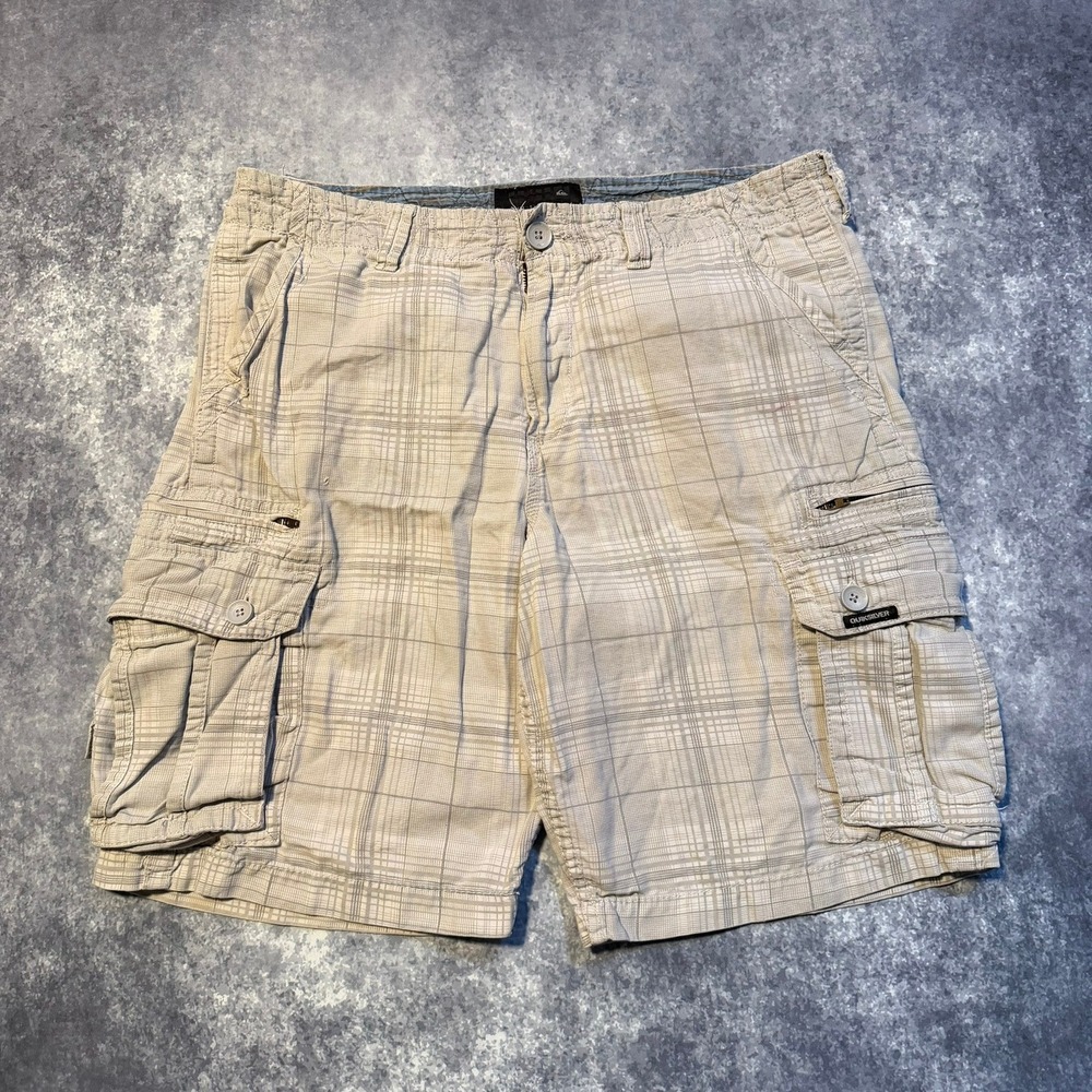 Y2K Quiksilver Mens Plaid Cargo Shorts Beige Size 36 Cotton Casual Surf Skater